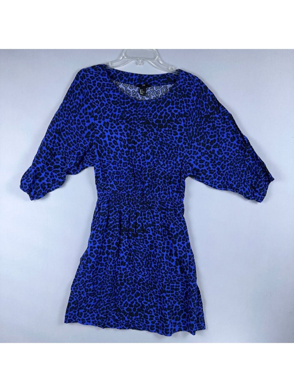 H&M Blue & Black Leopard Print Mini Dress Size 4 Elastic Waist 3/4 Sleeves Casua
